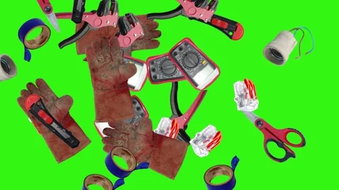 Collection of electrical and repair tools floating on a green background 库存影片 335185610