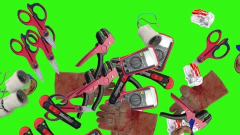 Collection of electrical and repair tools floating on a green background 库存影片 335185618