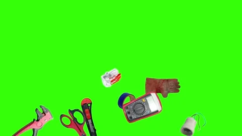 Collection of electrical and repair tools floating on a green background 库存影片 335185626