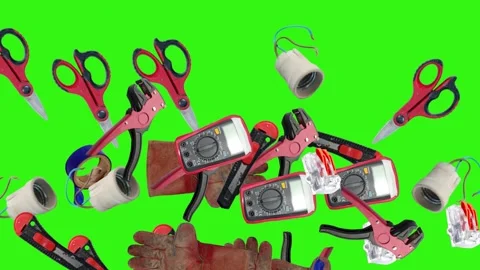 Collection of electrical and repair tools floating on a green background 库存影片 335185632