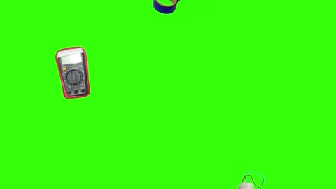 Collection of electrical and repair tools floating on a green background 库存影片 335185633