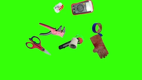 Collection of electrical and repair tools floating on a green background 库存影片 335185747