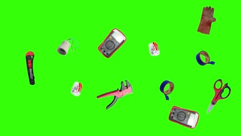 Collection of electrical and repair tools floating on a green background 库存影片 335185751
