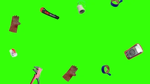 Collection of electrical and repair tools floating on a green background 库存影片 335185769