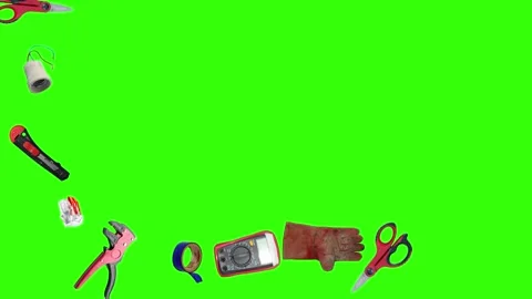 Collection of electrical and repair tools floating on a green background 库存影片 335185778