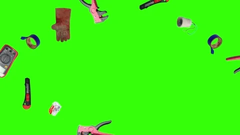 Collection of electrical and repair tools floating on a green background 库存影片 335185807