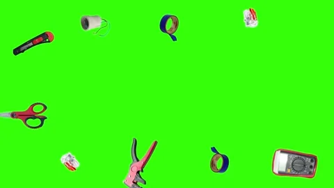 Collection of electrical and repair tools floating on a green background 库存影片 335185809