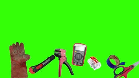 Collection of electrical and repair tools floating on a green background 库存影片 335185811