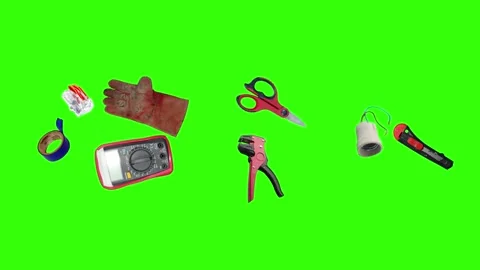 Collection of electrical and repair tools floating on a green background 库存影片 335185832