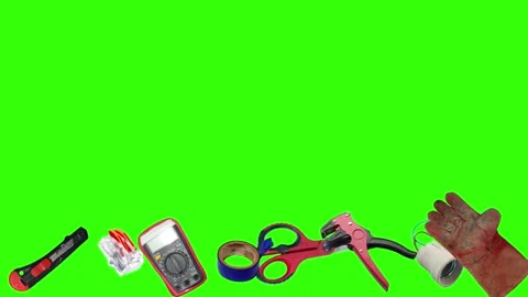 Collection of electrical and repair tools floating on a green background 库存影片 335185836