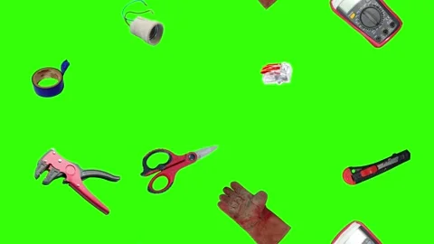 Collection of electrical and repair tools floating on a green background 库存影片 335185866