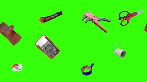 Collection of electrical and repair tools floating on a green background 库存影片 335185867