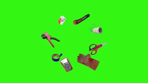 Collection of electrical and repair tools floating on a green background 库存影片 335185875