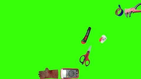 Collection of electrical and repair tools floating on a green background 库存影片 335185881