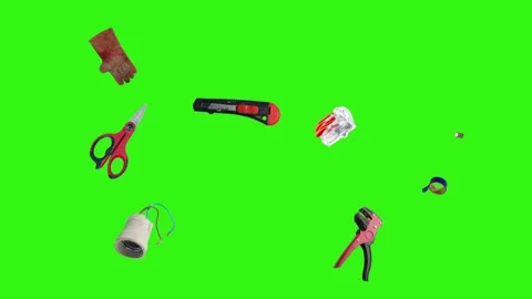 Collection of electrical and repair tools floating on a green background 库存影片 335185901