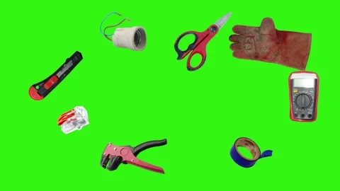 Collection of electrical and repair tools floating on a green background 库存影片 335185903