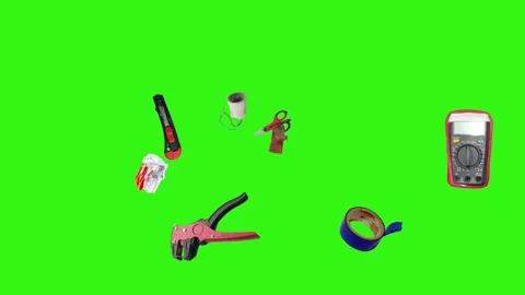 Collection of electrical and repair tools floating on a green background 库存影片 335185906