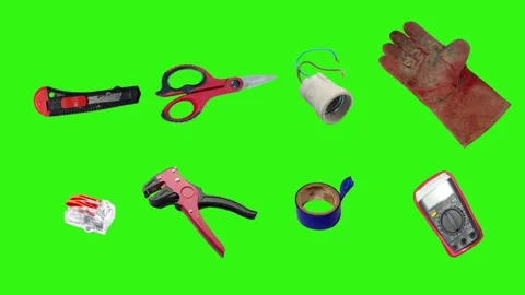 Collection of electrical and repair tools floating on a green background 库存影片 335185916