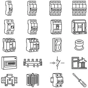 Collection of Electrical Circuit Breakers and Components Icons Set Isolated.. Stock Illustration