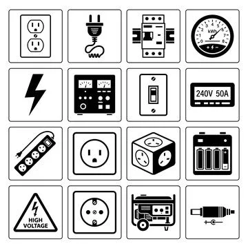 Collection of electrical icons including power plugs, sockets, circuit brea.. Stock Illustration