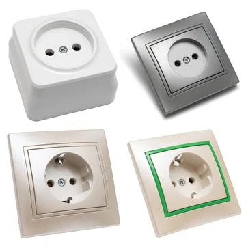 Collection electrical outlet isolated on white background. Flat lay, top view Stock Photos