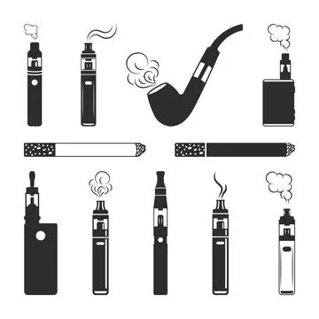Collection of Electronic Cigarette Devices Silhouette, smoke vape icon set, Stock Illustration