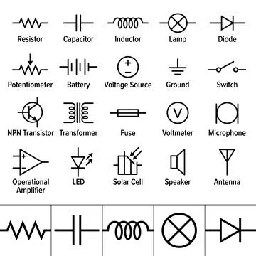 Collection of electronic circuit schematic symbols including resistor, capa.. Stock Illustration