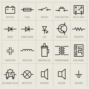 Collection of electronic circuit schematic symbols including battery, fuse,.. Stock Illustration