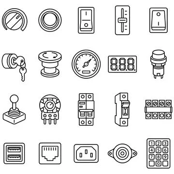 Collection of Electronic Components and Electrical Control Interface Icons Stock Illustration
