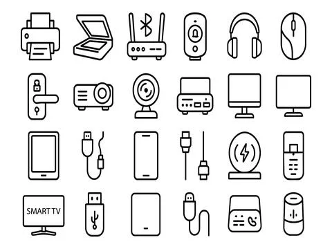 Collection of electronic gadgets and devices isolated on white background Stock Illustration