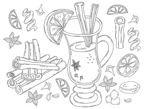Collection of elements for Christmas mulled wine. Vector illustration, in linear Stock Illustration