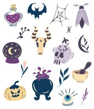 Collection of elements for Halloween. Big witch magic design set. Skull, poti Stock Illustration