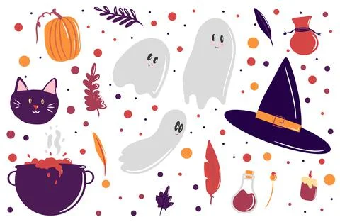 Collection of elements for Halloween, a witch's hat, cute ghosts, a witch's Stock Illustration