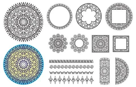 Collection elements round pattern, square frames, brushes. Stock Illustration