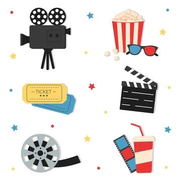 Collection of elements on the theme of the movie. Camera, popcorn, drink Stock Illustration