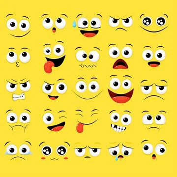 Collection of emoticons with different mood. Set of cartoon emoji faces in di Stock Illustration