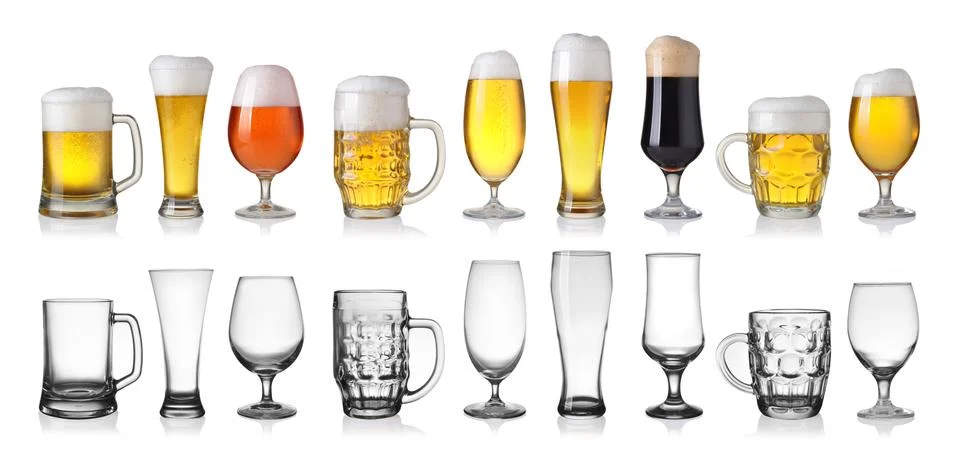 Collection of empty and full beer in glass isolated on white background Фото