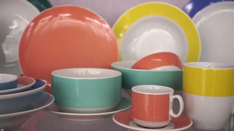 Collection of empty colorful ceramic bowls. Video stock 256479098