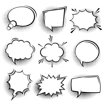 Collection of empty comic speech bubbles with halftone shadows. Hand drawn retro Illustrazione stock