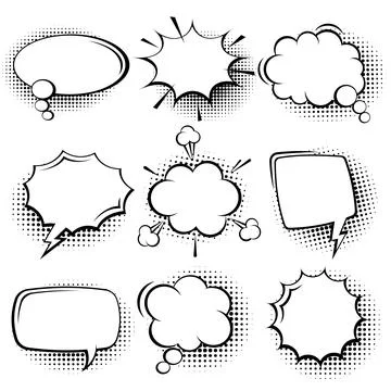 Collection of empty comic speech bubbles with halftone shadows. Hand drawn retro Illustrazione stock