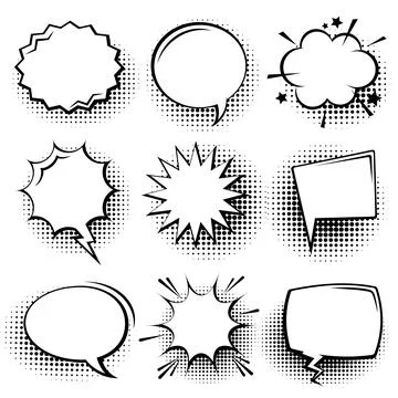 Collection of empty comic speech bubbles with halftone shadows. Hand drawn retro Stock Illustration