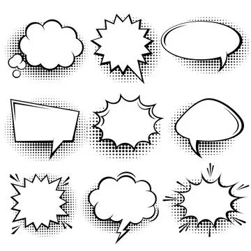 Collection of empty comic speech bubbles with halftone shadows. Hand drawn retro Stock Illustration
