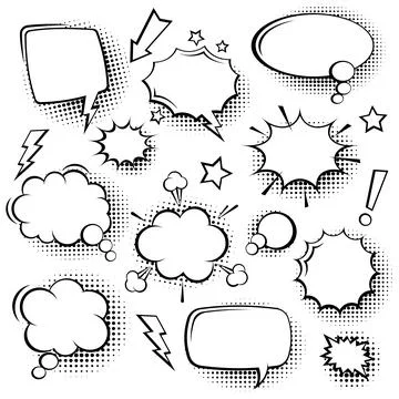 Collection of empty comic speech bubbles with halftone shadows. Hand drawn retro Illustrazione stock