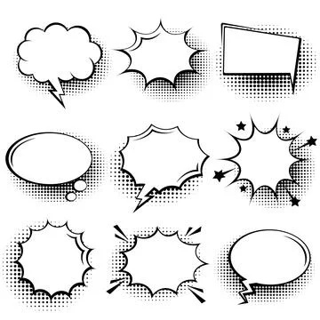 Collection of empty comic speech bubbles with halftone shadows. Hand drawn retro Illustrazione stock