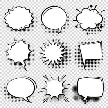 Collection of empty comic speech bubbles with halftone shadows. Hand drawn retro Stock Illustration