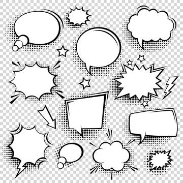 Collection of empty comic speech bubbles with halftone shadows. Hand drawn retro 스톡 일러스트