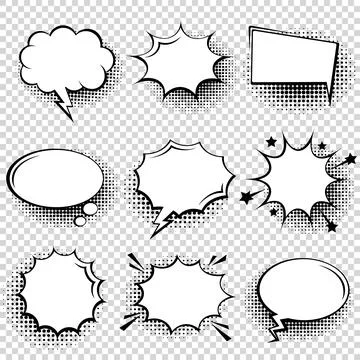 Collection of empty comic speech bubbles with halftone shadows. Hand drawn retro Stock Illustration