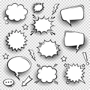 Collection of empty comic speech bubbles with halftone shadows. Hand drawn retro Illustrazione stock