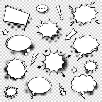 Collection of empty comic speech bubbles with halftone shadows. Hand drawn retro Stock Illustration