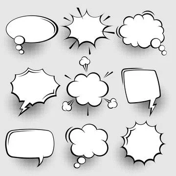 Collection of empty comic speech bubbles with halftone shadows. Hand drawn retro Stock Illustration
